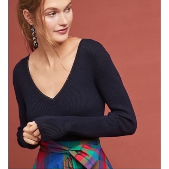 Moth by Anthropologie Navy Blue V Neck Ribbed Sweater - Picture 1 of 4